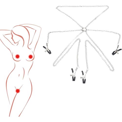 Eryi-Pinces À Tétons Avec Chaîne Sm Pinces À Seins Réglables Bdsm Bondage Set 2 Pinces À Tétons+2 Pinces À Clitoris Stimulateurs Mammaires Femmes Fétiche Clip De Jouet Sexuel Sex Toys Couples Sexy