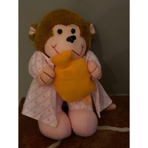 Peluche Doudou Singe Fille Marron  Robe Rose Jade 18cm 