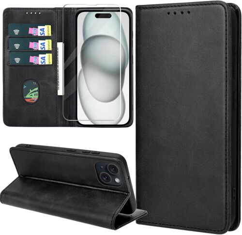 Case For Iphone 15, Pu Leather Flip Pouch Wallet Case With Card Slot Iphone 15 Magnetic Shockproof Case, Black