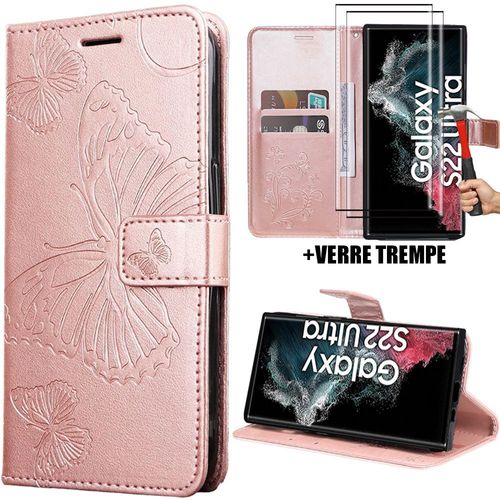 Coque + 2 Verres Trempés Pour Samsung Galaxy S22 Ultra, Protection Anti-Rayures Effet Cuir Rose Motif Papillon (Pas Pour S22) - Booling