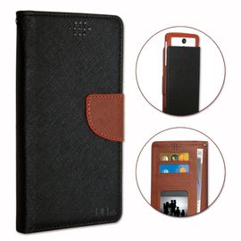 Samsung Galaxy J3 Prime Etui Housse Folio Noir Et Marron Façon Cuir Texturé Avec Porte Cartes Et Surpiqûres Apparentes By Ph26®