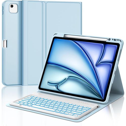 Clavier iPad Air 13 Pouces M3/M2 2025/2024, AZERTY Français Clavier Rétroéclairé Magnétique Détachable Bluetooth pour iPad Air 13"", Bleu Ciel