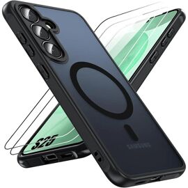 Coque Avec Anneau Magnétique Pour Samsung Galaxy S25 Avec 2 Verres Trempés, Protection Silicone Et Pc Antichoc Noir - E.F.Connection