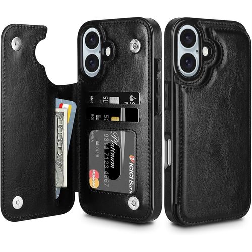 KAL-Coque Pour Iphone 16 Housse En Cuir Pu Premium Etui À Rabat Pochette De Portefeuille Fermeture Magnétique Pochette Emplacements Cartes Flip Case Étui De Protection Pour Iphone 16 Noir