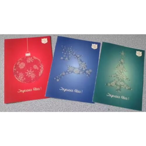 Trois Cartes Doubles Marquées Joyeuses Fêtes - 1 Verte Avec Un Sapin + 1 Bleue Avec Un Renne + 1 Rouge Avec Grosse Boule De Noël Brillante- Éditées Par Armée Du Salut- 10.5x15cm