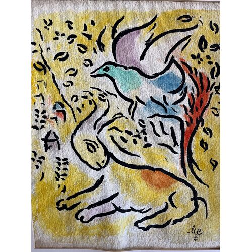 M.C Gouache Sur Papier Animaux 