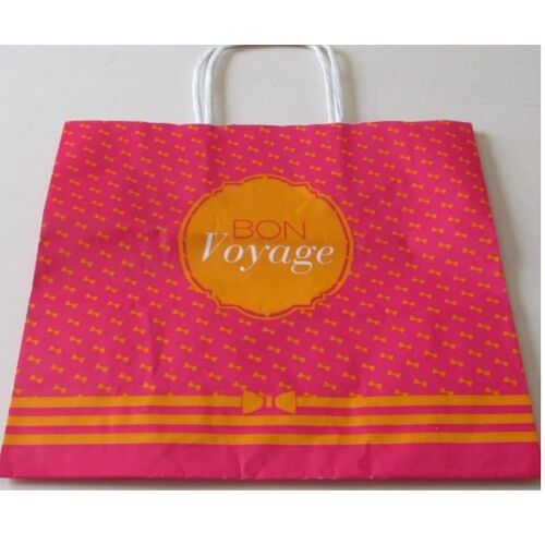 Sac papier avec poignées de portage Brittany Ferries-décor petits noeuds sur fond rouge avec côtés jaunes-marqué Bon Voyage-24x22x9cm
