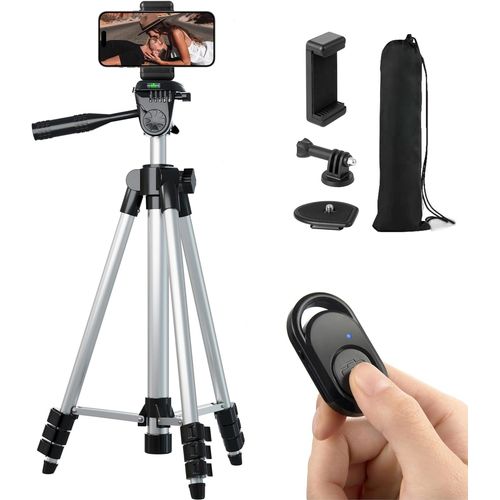 Trepied Smartphone Trepied iPhone: Trépied Smartphone pour iPhone Samsung Huawei et Appareil Photo avec Télécommande Bluetooth et Support de téléphone (106cm Argenté)