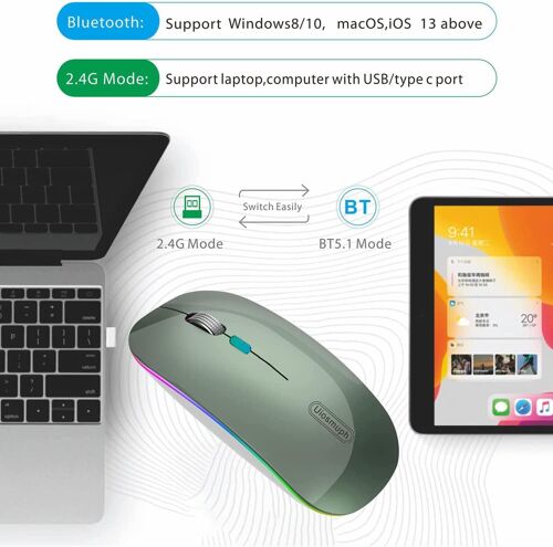 Souris sans Fil Bluetooth, Rechargeable Portable Wireless Mouse (BT 5.1 + 2.4G sans Fil) Souris avec 3 Valeurs DPI pour Tablet/Laptop/Windows/Android, Verte