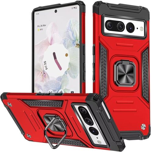 KAL-Coque Pour Google Pixel 7 Pro, Housse Tpu Silicone Rotation 360° Aimant Anneau Support Double Défense Protection Etui - Rouge