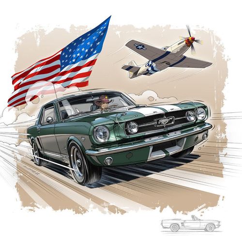 Guillaume Lopez Tableau FORD Mustang Avion Drapeau encadré - Support d'accroche - Impression sur Verre Acrylique Plexiglas - Tableau Moderne Salon ou Bureau...