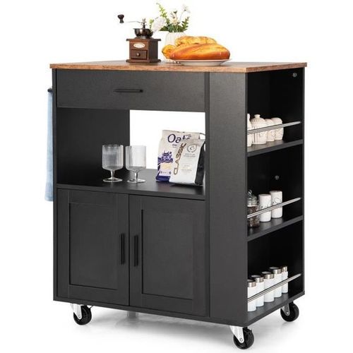 Costway Desserte De Cuisine Sur Roulettes (2 Verrouillables) 82x50x92cm Îlot Chariot De Cuisine Avec 3 Casiers À Épices Noir