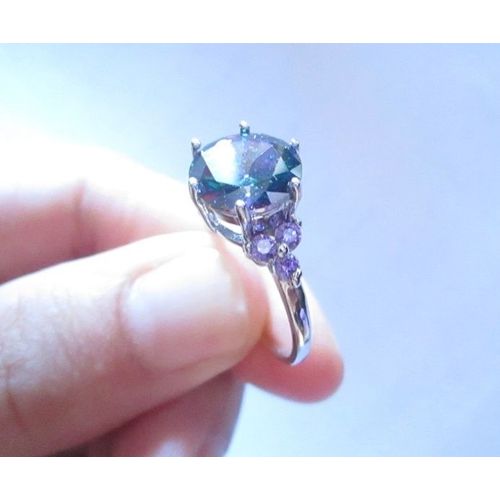 Bague Argent Avec Poinçon, Pierre Vert Irisé Et Cristal Sur Le Côté, T. 58 (1,80 Cm)