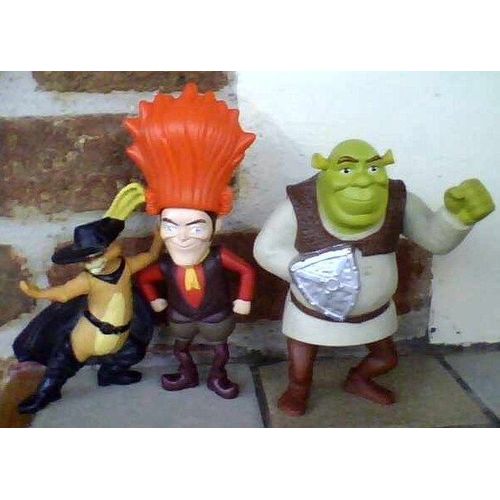 3 Figurines Mcdo - Shrek (Bouclier), Le Chat Botté , Tracassin - 12,10 & 15cm Environ - Mc Donald Happy Meal