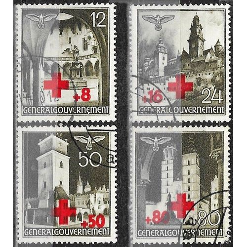 Pologne, Occupation Allemande 1940, Gouvernement Général, Belle Série Complète Sites Remarquable Polonais Avec Surcharge Croix Rouge, Oblitérés, Tbe.