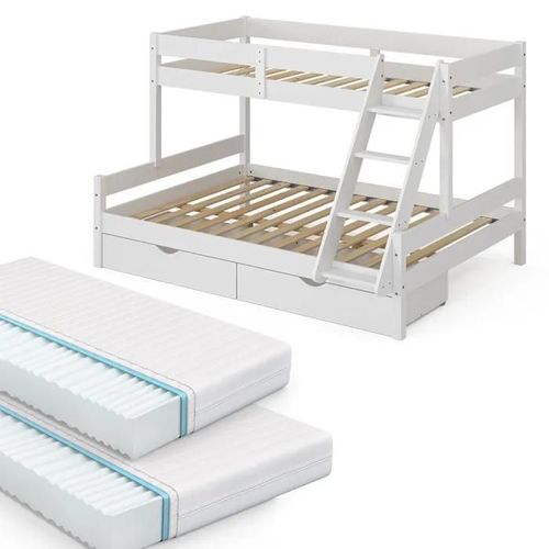 Vitalispa Lit Superposé Everest, Blanc, 140x200 / 90x200 Cm Avec 2 Matelas Et 2 Tiroirs