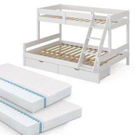 Vitalispa Lit Superposé Everest, Blanc, 140x200 / 90x200 Cm Avec 2 Matelas Et 2 Tiroirs