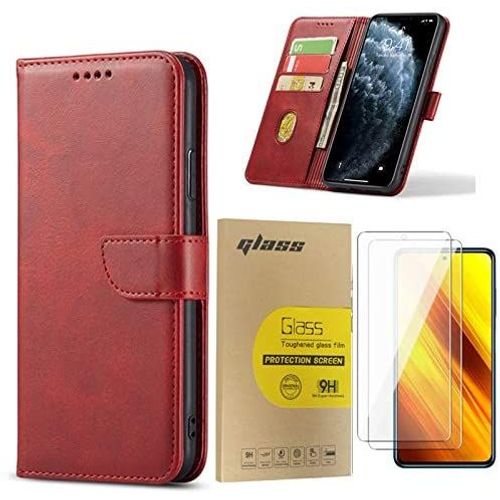 Coque iPhone X avec 2 Pièces Verre Trempé Protection d'écran, Étui Housse Portefeuille Etui en Cuir PU Premium Housse + Antichoc Coque iPhone X ,Rouge