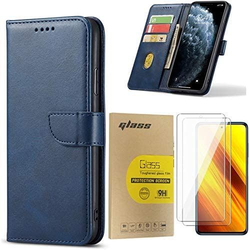 Coque Samsung Galaxy A16 4G avec 2 Pièces Verre Trempé Protection D'écran,Housse en Cuir Pu Pochette Portefeuille Magnétique Etui de Protection,Antichoc Housse Rabat Clapet,Bleu