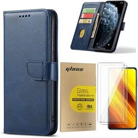 Coque Oppo A74 5g Avec 2 Pièces Verre Trempé Protection D'Écran,Housse En Cuir Pu Pochette Portefeuille Magnétique Etui De Protection,Antichoc Housse Rabat Clapet,Bleu
