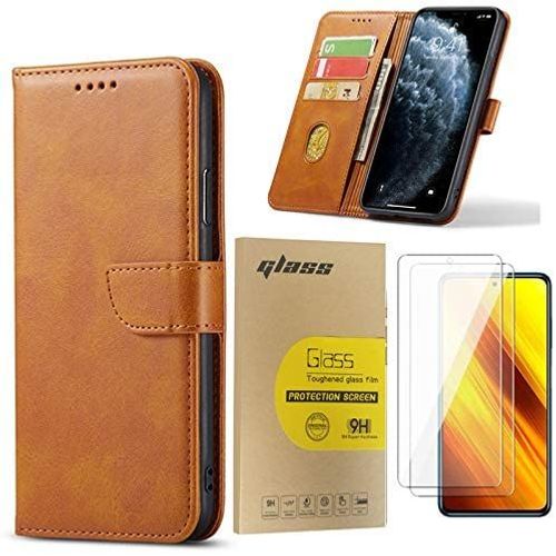 Coque Infinix Hot 20 4g Avec 2 Pièces Verre Trempé Protection D'Écran,Housse En Cuir Pu Pochette Portefeuille Magnétique Etui De Protection,Antichoc Housse Rabat Clapet,Marron