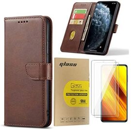 Coque Oppo A74 5g Avec 2 Pièces Verre Trempé Protection D'Écran,Housse En Cuir Pu Pochette Portefeuille Magnétique Etui De Protection,Antichoc Housse Rabat Clapet,Cafe