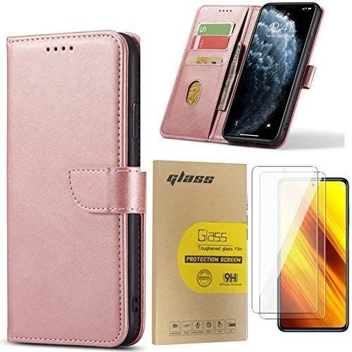 Coque Samsung Galaxy A16 5G avec 2 Pièces Verre Trempé Protection D'écran,Housse en Cuir Pu Pochette Portefeuille Magnétique Etui de Protection,Antichoc Housse Rabat Clapet,Rose