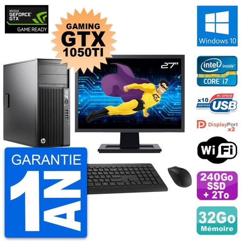 PC HP Z230 Ecran 27" Gaming GTX 1050Ti i7-4790 RAM 32Go 240Go SSD + 2To HDD W10