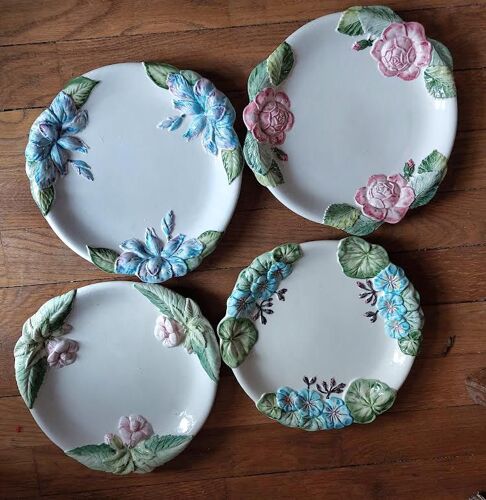 12 Assiettes Barbotine, Vintage, Parfait État, 1980, Aucun Fel, Aucun Éclat