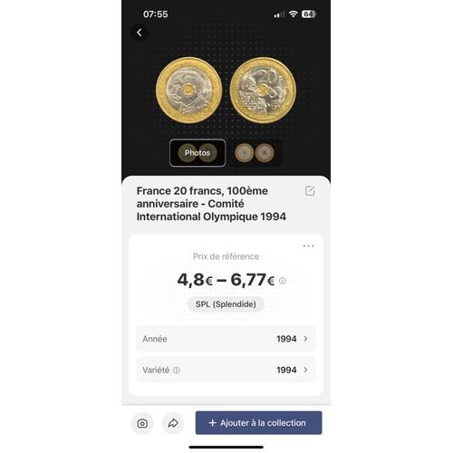Piece 20 Francs 100ème Anniversaire Comité International Olympique 1994