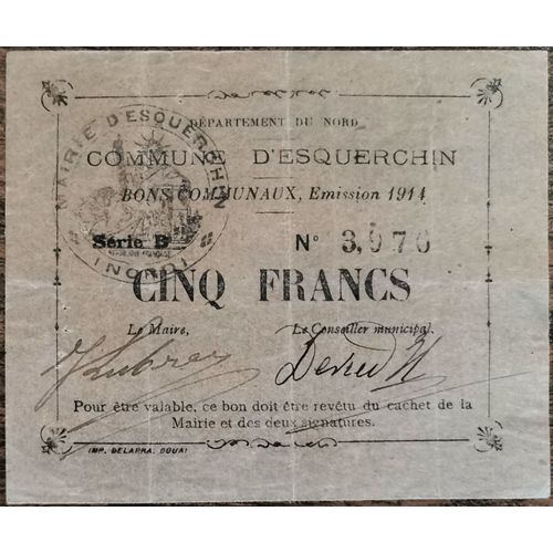 Bons Communaux De 5 Francs Commune D' Esquerchin 1914 - Nécessité - N°3976