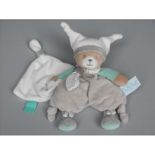 Doudou ours gris blanc vert mouchoir Polochon Babynat