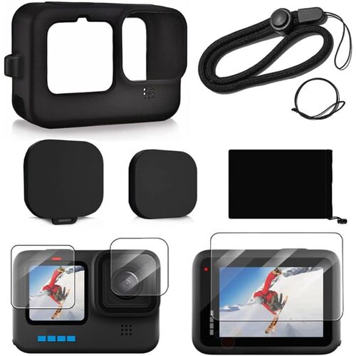 Etui en Silicone pour GoPro Hero13/Hero12/Hero 11/Hero 10/Hero 9 Black, avec Coque en Silicone+Couvercle Latéral de Batterie + Protecteur d'écran + Lanière.[G373]