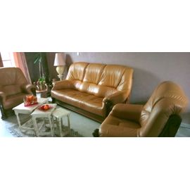 Canapé 3places + 2 Fauteuils En Cuir Couleur "Fauve"