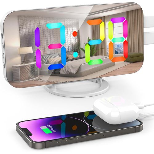 ThreeH Horloge de Bureau LED avec Miroir Couleur RGB Dynamique Réveil avec Deux Ports Charge USB 6 Niveaux de Luminosité Décoration de la Maison et du Bureau Blanc