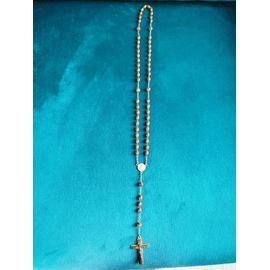 Ancien Chapelet En Bois Et Métal Petit Crucifix Croix En Bois Insérée Dans Un Moule En Métal Jésus Christ En Métal Coloris Argent, Plaque Inri Médaille De La Sainte Vierge En Métal Longueur De 46 Cms