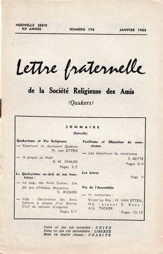 Lettre Fraternelle Société Religieuse Des Amis (Quakers) # 198 42è An. Janv.1963 Pacifisme Objection