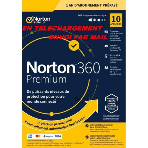 Avec Cb - Norton 360 Premium Esd Abo 10 Appareils - 10app - 1 An - 75gb Cloud -Envoyé Par Mail