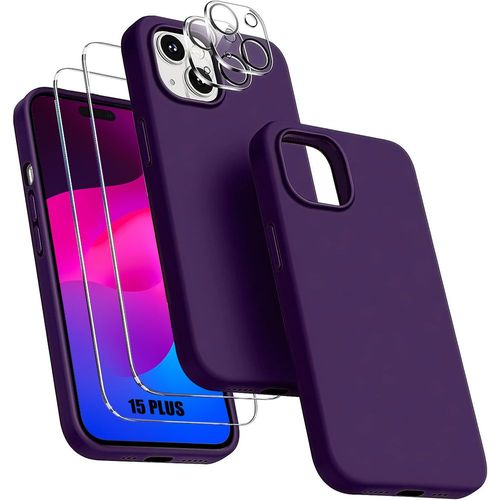 Coque Pour Iphone 15 Plus - Silicone Violet Foncé + 2 Verres Trempés Et 2 Vitres Caméra Arrière - Booling