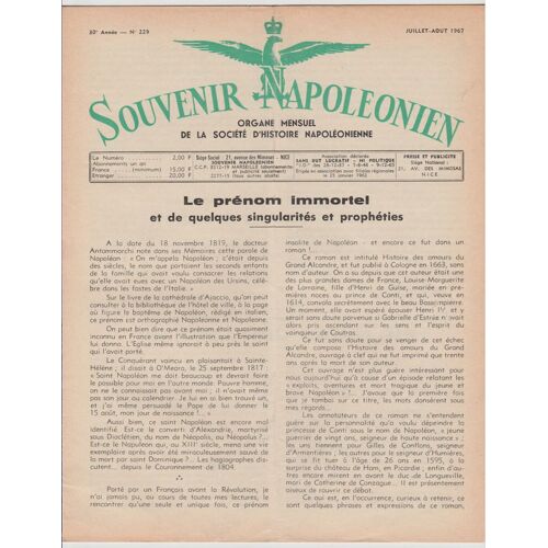 Souvenir Napoleonien N° 229 Du 01/07/1967 - Le Prenom Immortel Et De Quelques Singularites Et Propheties - Monument De Mlle Raucourt - Pere Lachaise - Trois Ilets - Martinique - Le Saint Pierre Et ...