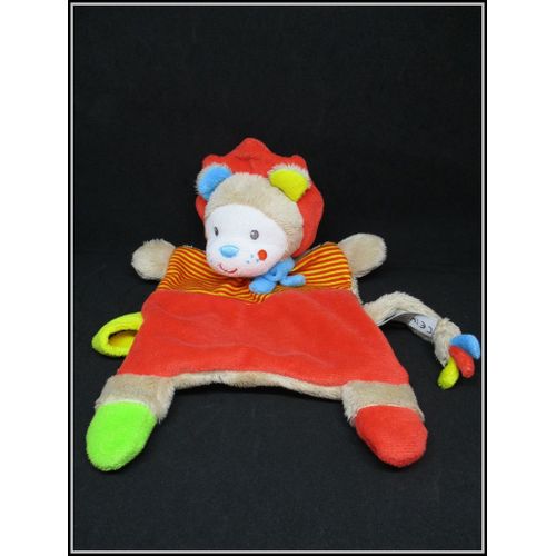 Doudou Plat Lion Simba Toys - Orange Rayé - Écharpe Bleu Accroche Tétine