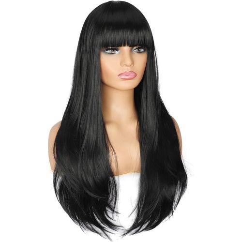 Kalanka-Perruque De Cheveux Synthétiques Longs Pour Femme Déguisements Naturelle Perruque Noire Avec Frange 28 Pouces 70cm