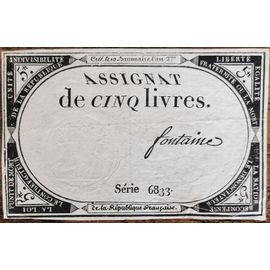 Assignat 5 Livres - 10 Brumaire L'an 2 - Série 6833 - Fontaine