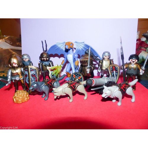 Playmobils : Lot De Chevaliers De Bronze + Dragon Et Loups De Combat
