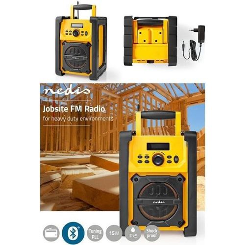 Radio de Chantier FM 2.2 " Écran Bleu blanc Alimentation secteur + pile Numérique 15 W Bluetooth® Réveil IP65 Poignée de transport N