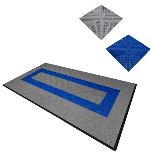 Carrelage de Sol Ventilée Modulaire Imbriqué & Bordures 90 Gris & 30 Bleu Garage Unique Double Tapis de Sol Showroom Ultra-Résistant Polypropylène Antidérapant Imperméable Drainage 3,2 x 6 M 19,2 m2