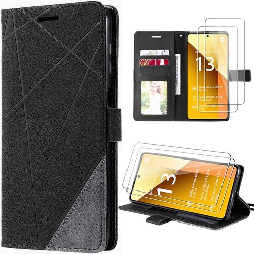 Coque + 2 Verres Trempés Pour Xiaomi Redmi Note 13 5g (Pas Pour 4g), Cuir Pu Avec Porte-Cartes Et Support, Design Rétro - Noir - Booling