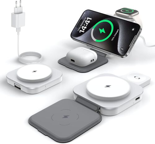 For Magsafe Charger, 3 In 1 Induction Charger For Iphone 16/15/14/13/12/Pro/Max/Plus, Apple Watch, Airpods Pro/4/3/2, Foldable Wireless Charging Station With 20w Usb-C Charger - White