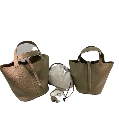 100% Genuine Leather Women Handbags Women Bags Designer Tote Bag Classical Soft Leather Bucket, Gris Petit