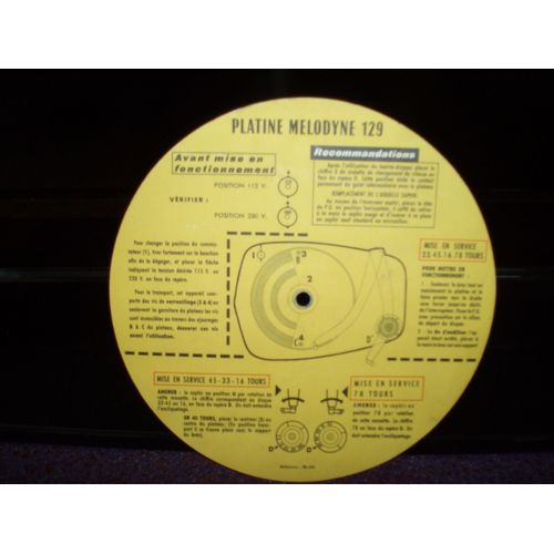 Platine Melodyne 129 Des Annees 60 / Notice Pour Mise En Service 45 / 33 / 16 / 78 Tours.
